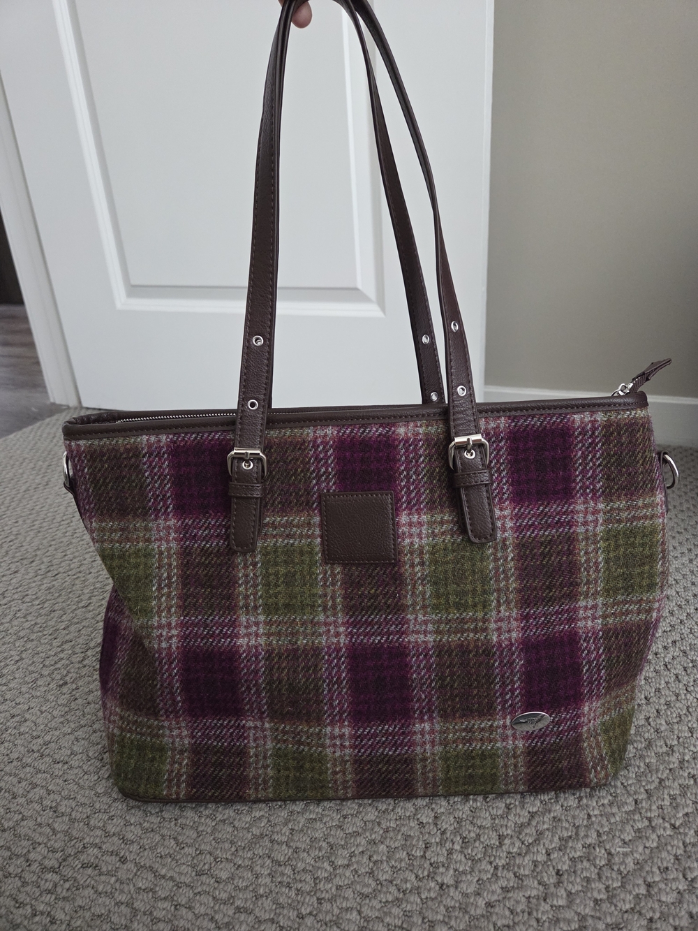 Glen Appin of Scotland Harris Tweed Plaid Tote Bag Purple Green Brown Leather Tr